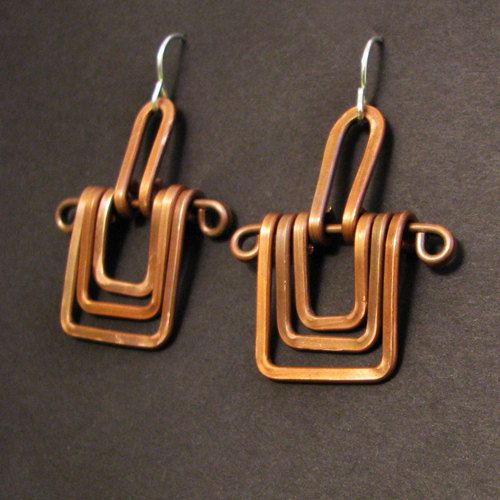 Copper Earrings . Three Square . Handmade