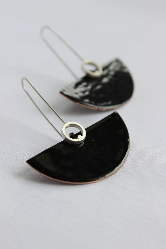 Deco earrings Sterling silver and copper with black enamel, dangle earrings in b...