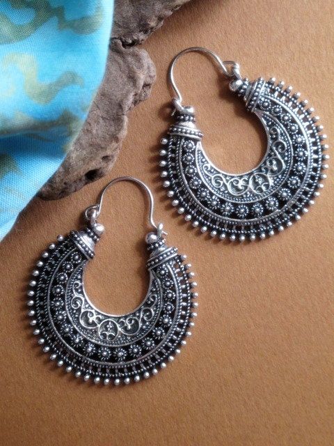 Ethnic Tribal Hoop Earrings in Antiqued Metal