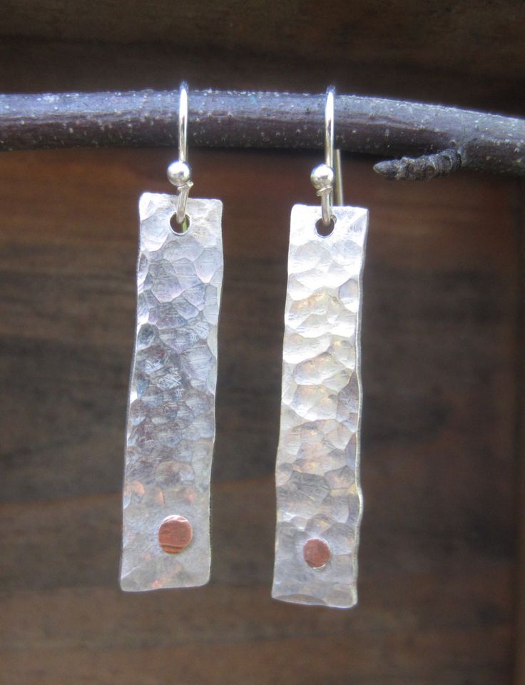 Hammered Silver Earrings with Copper Rivets, Long Silver Earrings, Hammered Jewe...