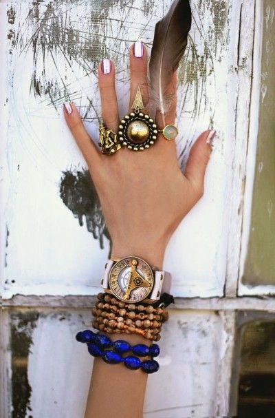 Bracelets for Summer. Love the metallic nail polish too