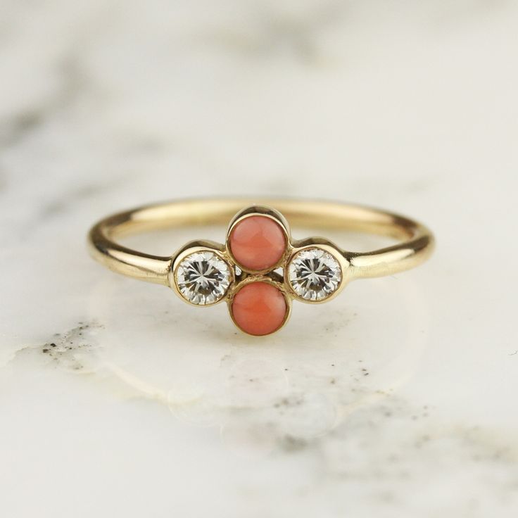 Handmade Diamond And Coral Bezel Set Cluster Ring In 14k Yellow Or White Gold