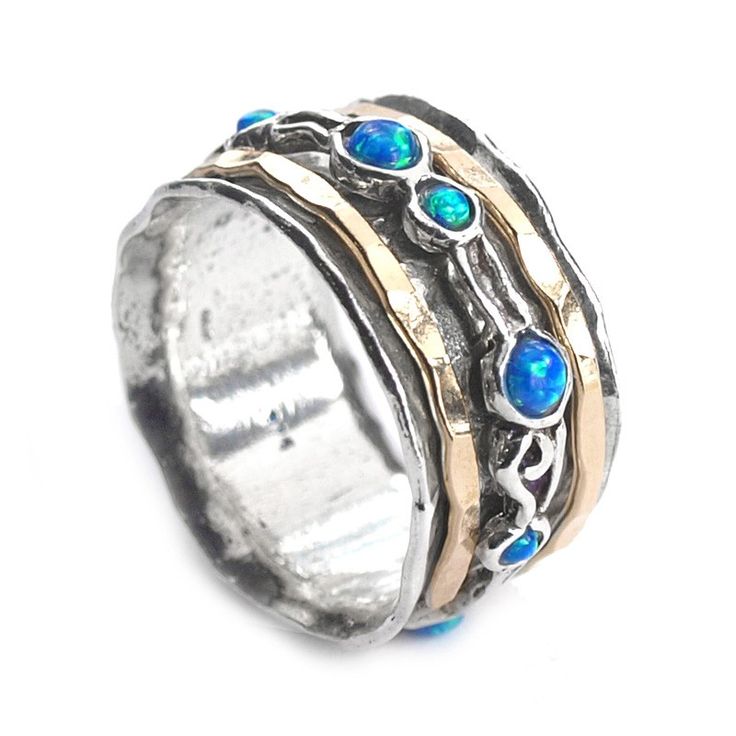 Israeli Jewelry Silver Spinning Ring with Goldfilled bands and Opal