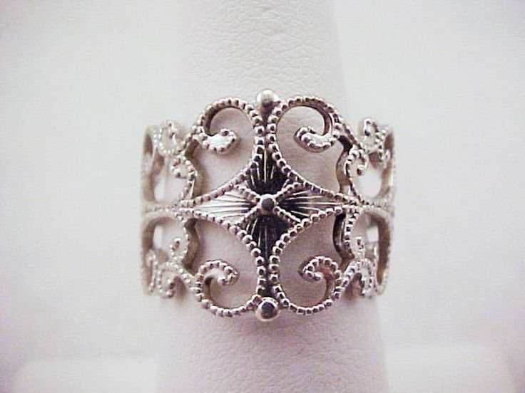 Vtg 1970s Lace Lacy Filigree Silver Tone Band Ladies Adj Cuff Ring Size 6.25
