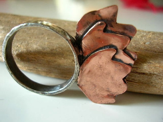 copper waterlilies on sterling silver band ring