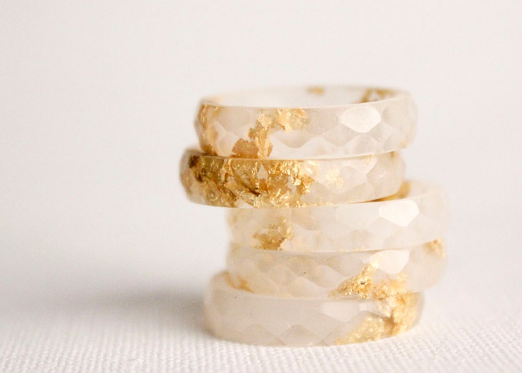 multifaceted eco resin ring with gold flakes.