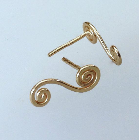 Gold stud-spiral gold post earring, swirly wave gold stud earrings, small post...