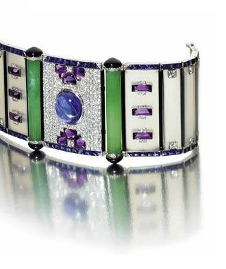 An Art Deco chalcedony, sapphire, amethyst and diamond bracelet, late 1920s