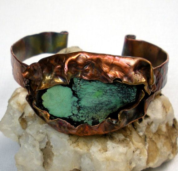 $159 Copper and Turquoise Cuff Bracelet, a Hammered and Fold Formed Copper Cuff ...