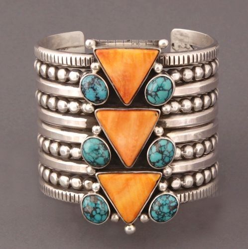 Cuff | Mike Bird Romero.  Sterling silver, Turquoise and Spondylus