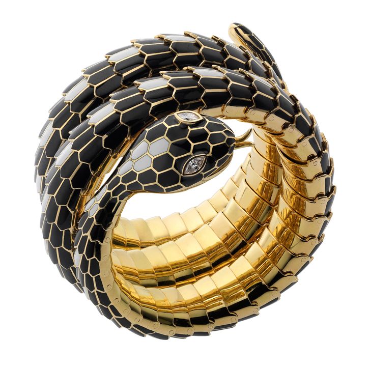 Snake bracelet in gold and polychrome enamel (B616), circa 1965. The flexible br...