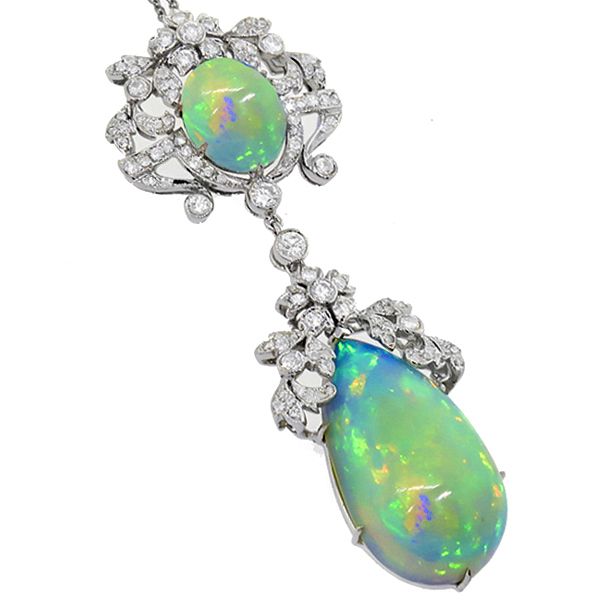 14k White Gold Opal and Diamond Pendant inspired from the Edwardian period.