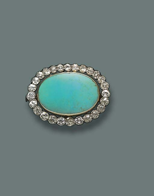 A BELLE EPOQUE TURQUOISE AND DIAMOND BROOCH   The oval turquoise within old-cut ...