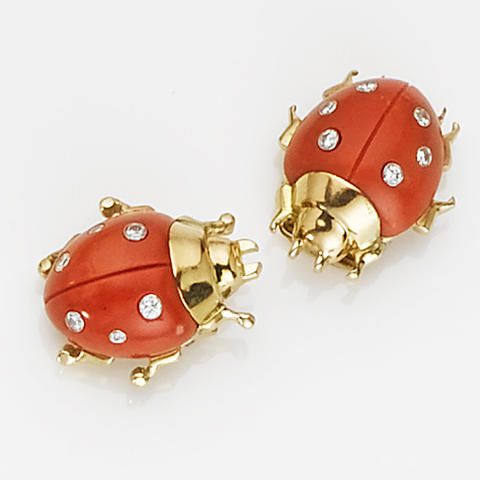 A pair of coral and diamond ladybird clip brooches, by Cartier Each with carved ...