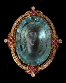 An extremely fine antique aquamarine cameo and ruby and diamond brooch/pendant, ...