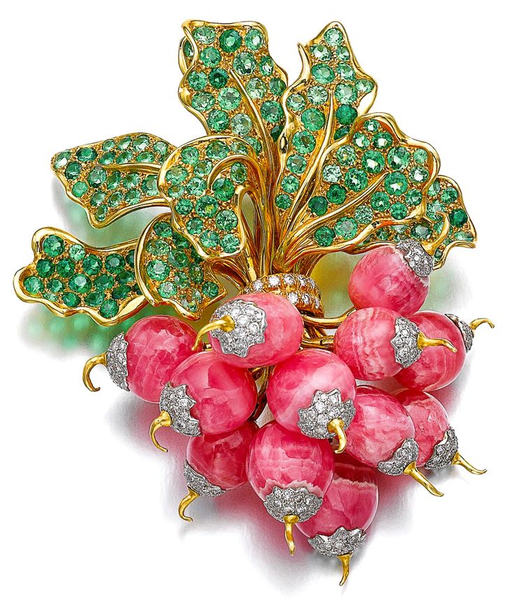 Botte de Radis (Bunch of Radishes) brooch set with rhodochrosite, peridot, and d...