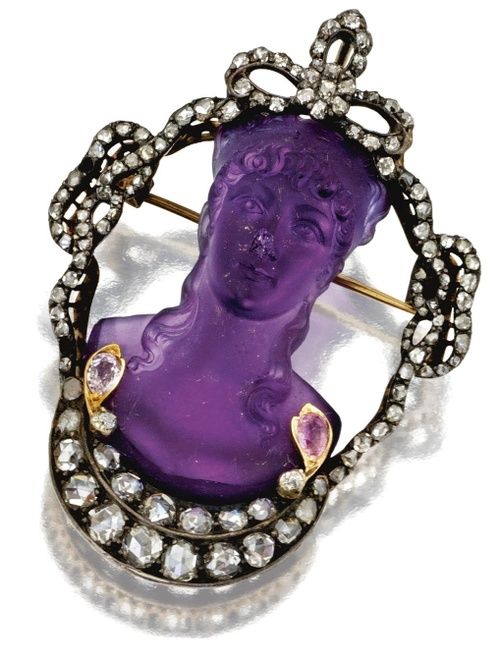 Carved Amethyst And Diamond Brooch