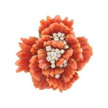 Coral, Gold and Diamond Flower Pendant, Cartier, France