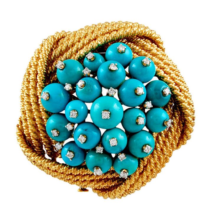 DAVID WEBB Diamond Turquoise Bead Pin | From a unique collection of vintage broo...