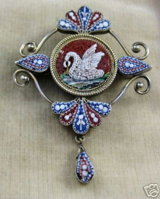Micro Mosaic Swan Locket Brooch 1860