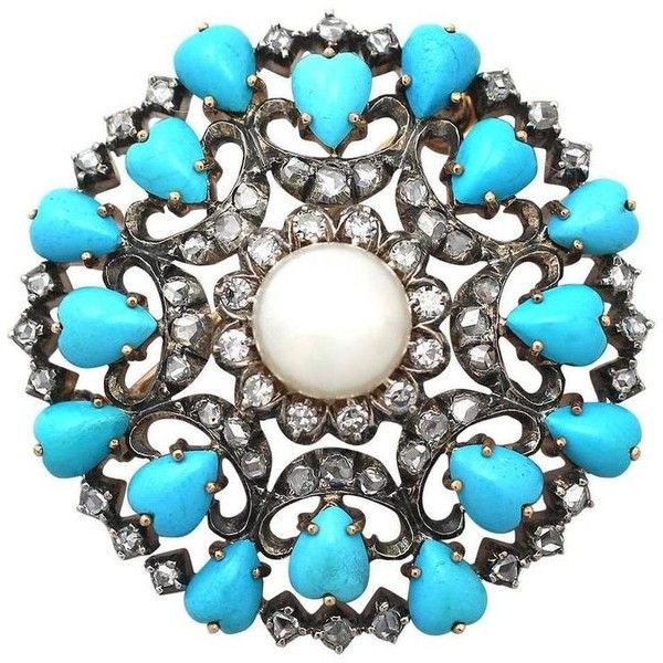 Preowned 1.36ct Diamond, Pearl & Turquoise, 18k Yellow Gold Brooch -... ($3,889)...