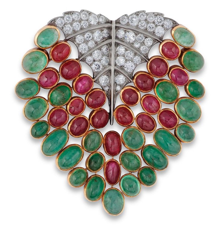 RENE BOIVIN. A ruby, emerald and diamond 'Feuille' brooch