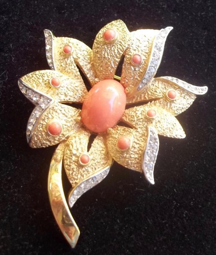 TRIFARI Vintage Brooch Beautiful Coral Beads & Ice Rhinestone Flower | Jewelry &...