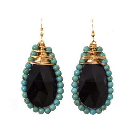 Black Swarovski Crystal and Turquoise Earrings by Jeweliany