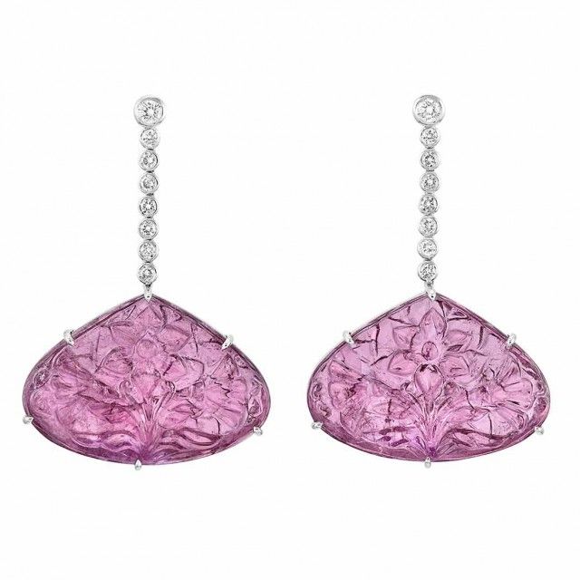 Carved pink tourmaline earrings with diamonds set in white gold