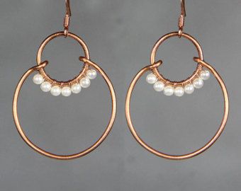 Copper oval hoop Pearl wiring earring handmade by AnniDesignsllc