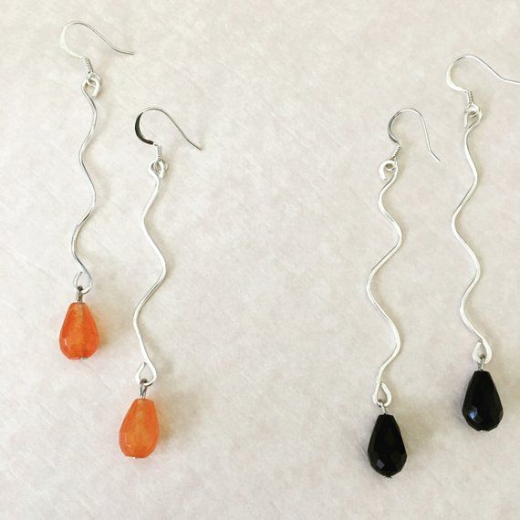 Silver plated ear hooks and wire. Choose orange Jade gemstone or black glass to ...