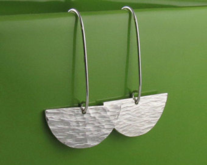 Sterling Silver Long Textured Half Circle Earrings-Handmade