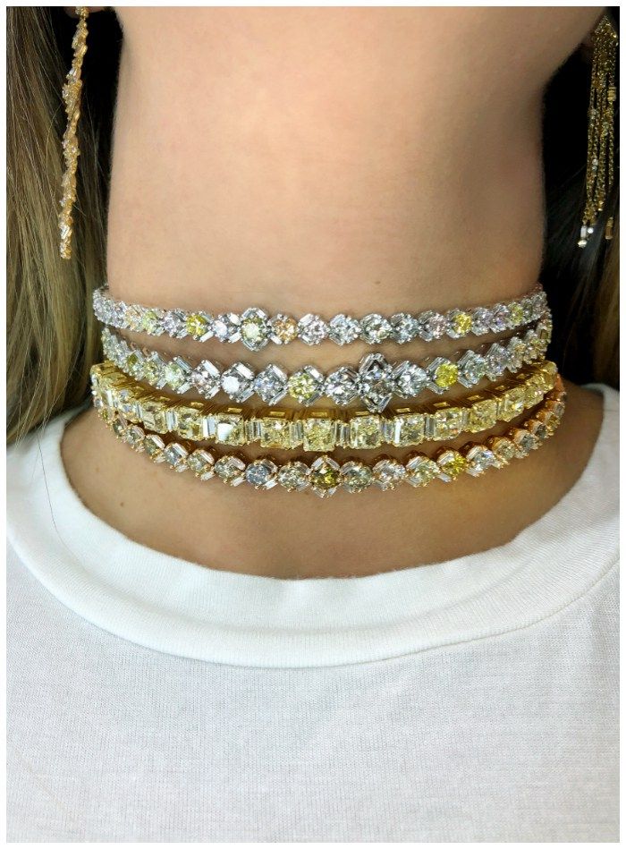 A stack of incredible, one-of-a-kind diamond chokers by Suzanne Kalan!