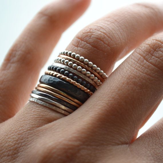 12 stacking rings, 14k gold filled and silver bands,