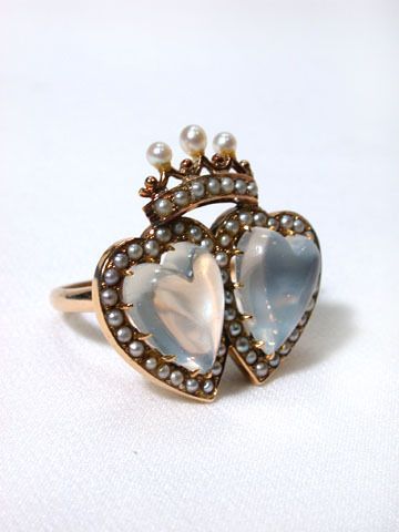 19th Century Moonstone & Pearl Crowned Hearts Ring