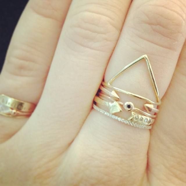 Ring stacks with Klaia Triangle Ring and Arrow Band with Diamonds .. via Catbird