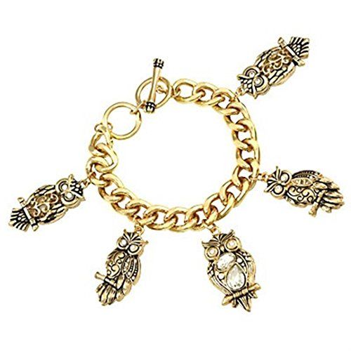 Owl Charm Bracelet BK Clear Crystal Gold Tone Toggle Clas... www.amazon.com/...