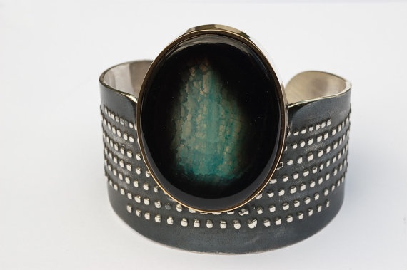 Bold modern blue agate bracelet cuff. Strong piece made of oxidized sterling sil...