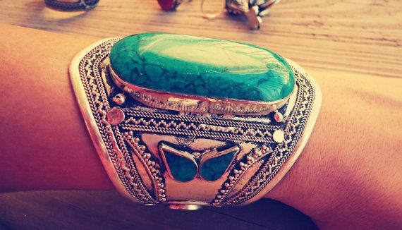 Emerald Green Turquoise Silver Cuff Bracelet by ZamarutJewel, $79.99