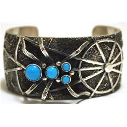 Navajo Turquoise Sterling Silver Spider & Web Cuff Bracelet /Darren Livingston /...