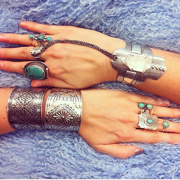 big silver bracelets and turqoise rings