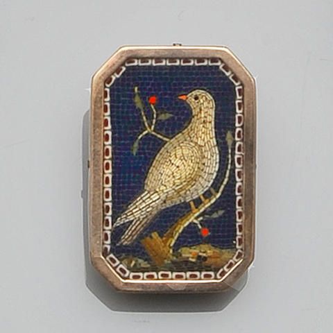 A 19th century micro-mosaic brooch Of rectangular form, with canted corners, dep...