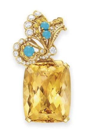 A CITRINE, DIAMOND AND TURQUOISE BROOCH, BY TIFFANY & CO.
