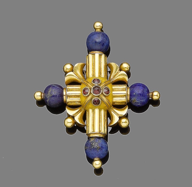 A lapis lazuli and paste cross brooch  The Latin cross with reeded and bead deta...