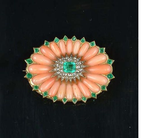 A late Victorian coral, emerald and diamond brooch,