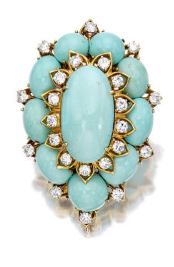A turquoise and diamond brooch, Van Cleef & Arpels designed as a oval turquoise ...