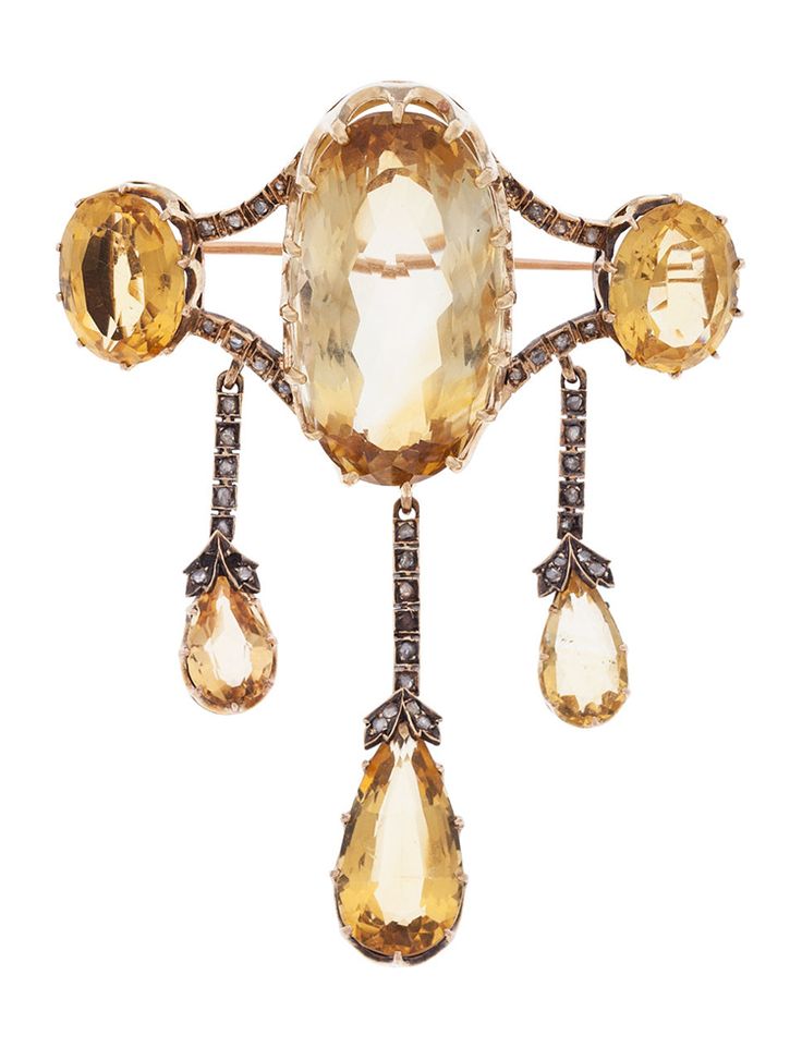 Antique Citrine, Diamond, Gold Brooch The brooch features oval-shaped citrine we...