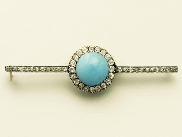 Antique Turquoise and 1.56 ct Diamond, 15 ct Yellow Gold Bar Brooch (Unknown)