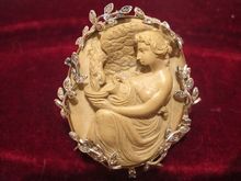 Antique carved Lava Cameo brooch/pendant with Diamonds and 15kt yellow gold depi...