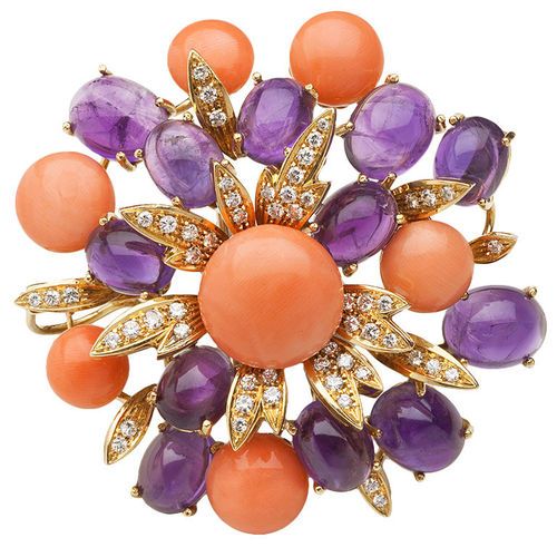 Cabochon Amethyst, Coral, and Diamond Brooch,  late 60s